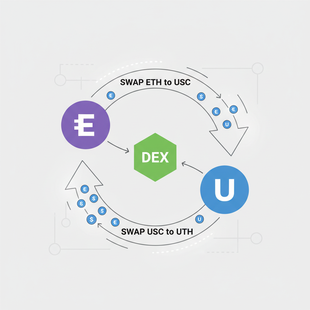 Repeated swap loop ETH-USDC on DEX, animated cycle --ar 16:9