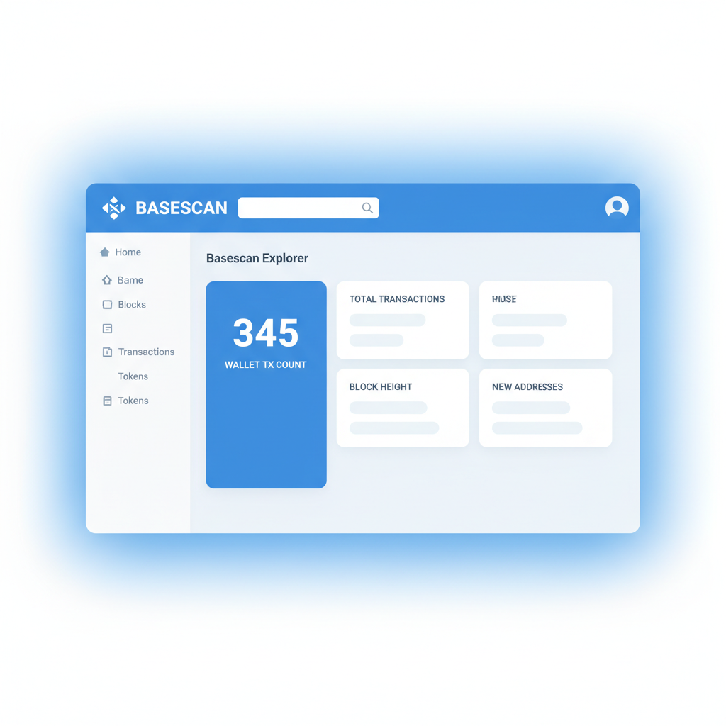 Basescan explorer showing wallet TX count, dashboard view --ar 16:9