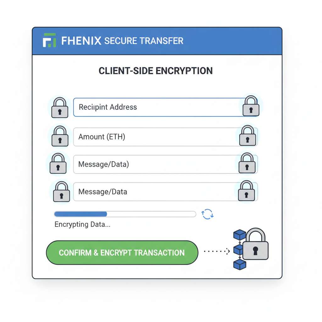 frontend app encrypting data client-side for Fhenix, padlock on transaction inputs