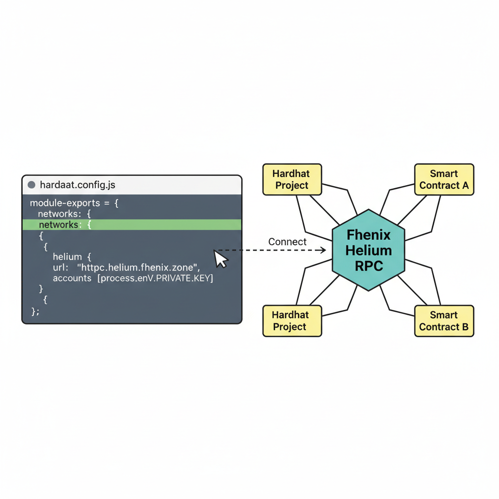 editing Hardhat config file with Fhenix Helium RPC, blockchain network diagram