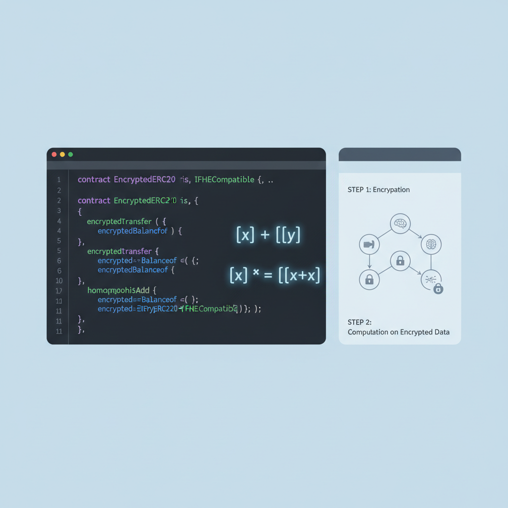 Solidity code editor with FHE encrypted ERC20 contract, homomorphic math symbols