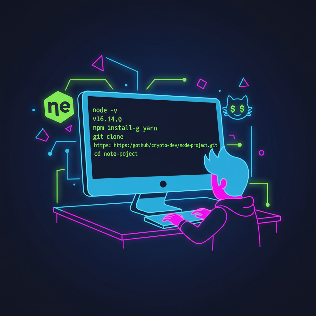 developer setting up Node.js and cloning GitHub repo on terminal, neon crypto theme