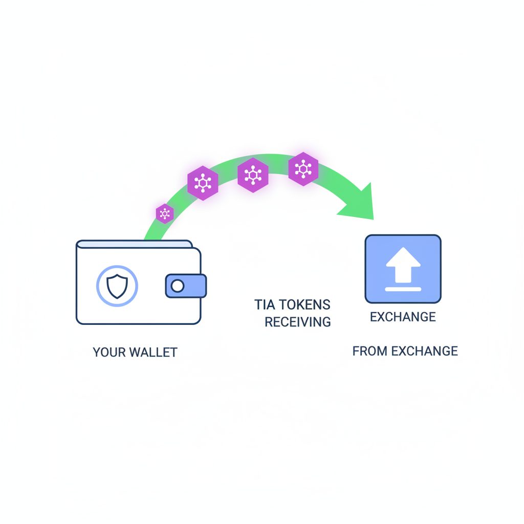 crypto wallet receiving TIA tokens from exchange, glowing Celestia logo, green transaction arrow