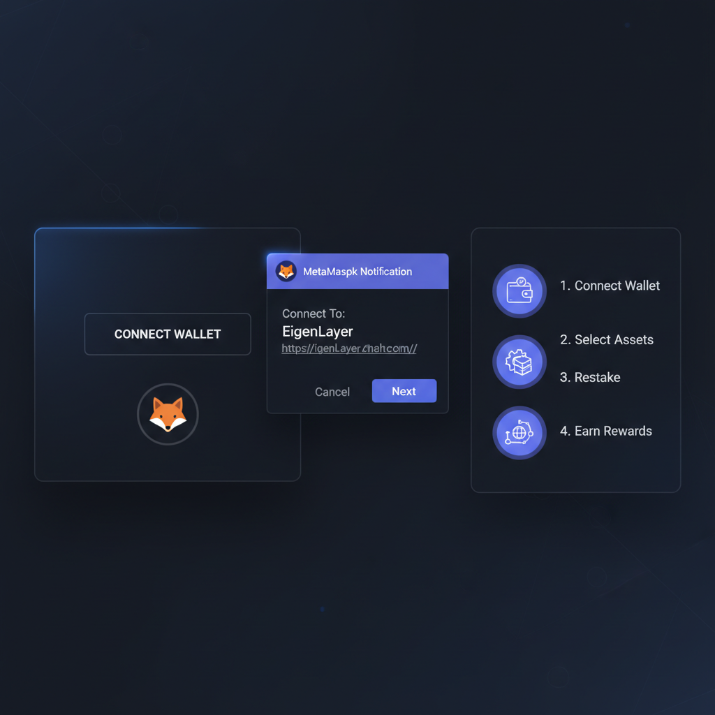 EigenLayer web dashboard login screen, connected MetaMask popup, sleek dark mode UI