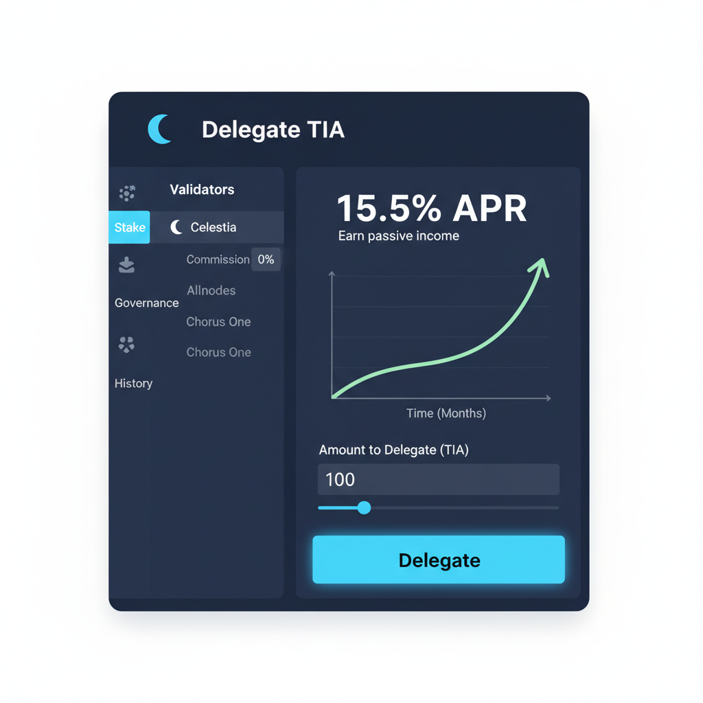 Keplr staking interface selecting Celestia validator, TIA delegation screen, motivational yield graph