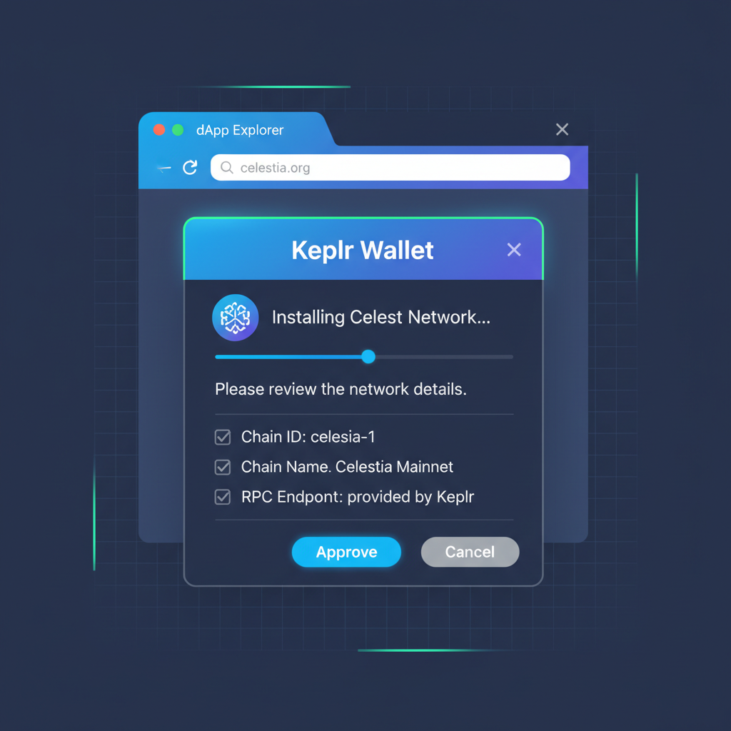 clean screenshot of Keplr wallet browser extension installing Celestia network, futuristic crypto UI