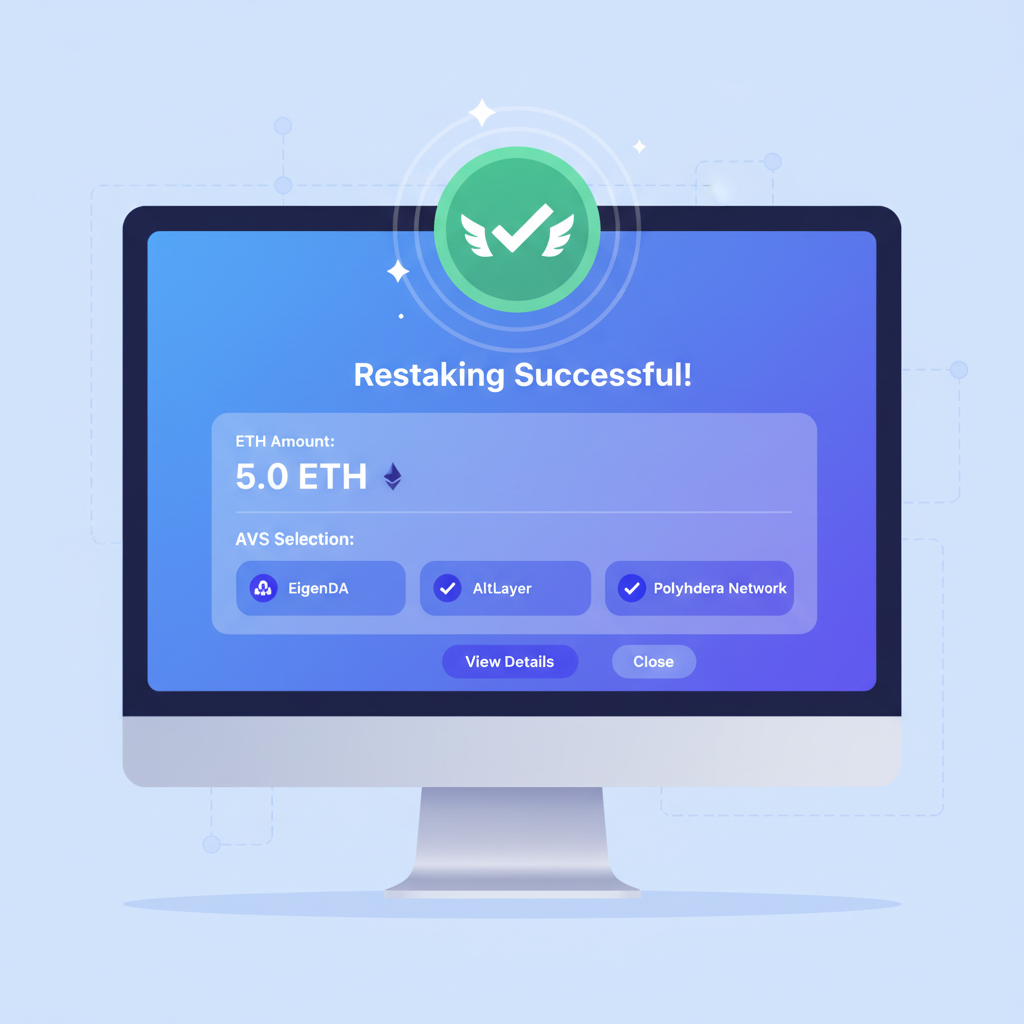 EigenLayer restaking confirmation screen with ETH amount and AVS selection, success animation