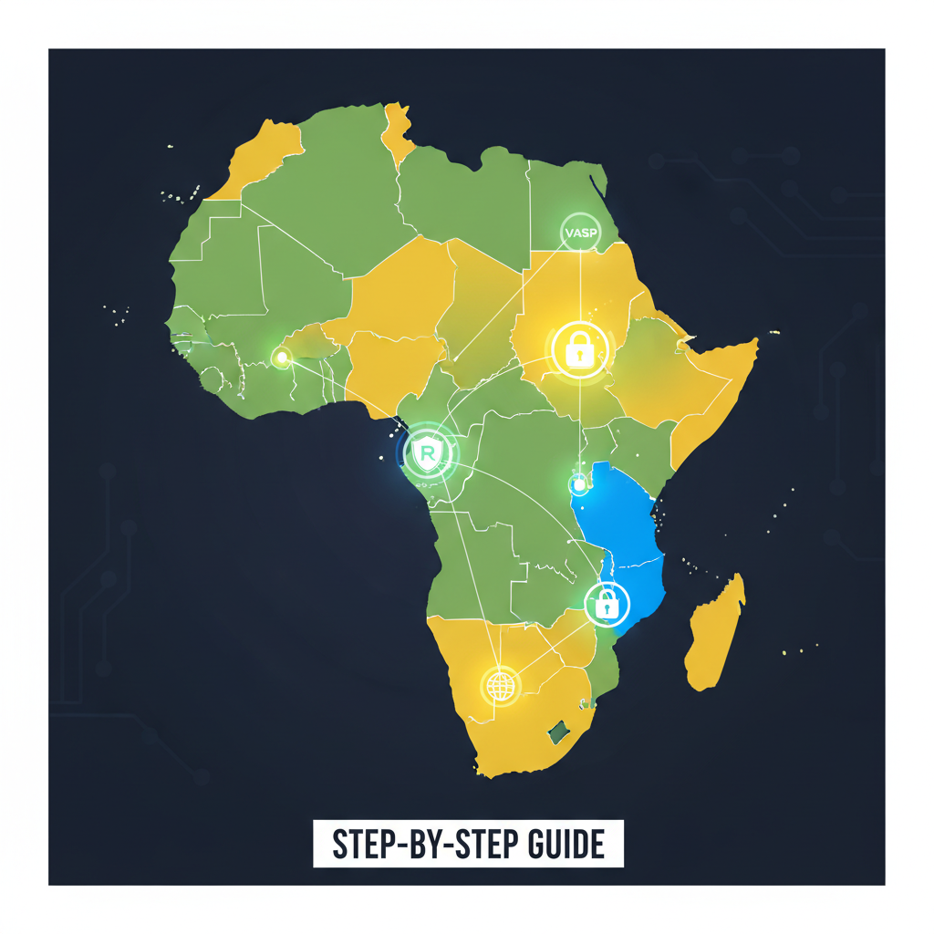 African map highlighting South Africa and Nigeria with interconnected crypto nodes and VASP icons, vibrant dynamic style