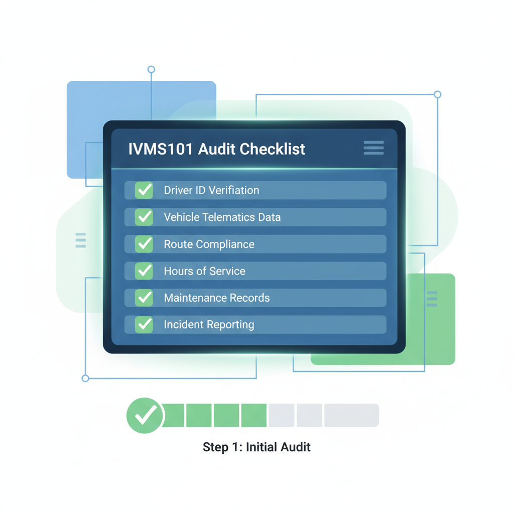Checklist audit with green ticks on IVMS101 fields, compliance dashboard glowing, professional tech style