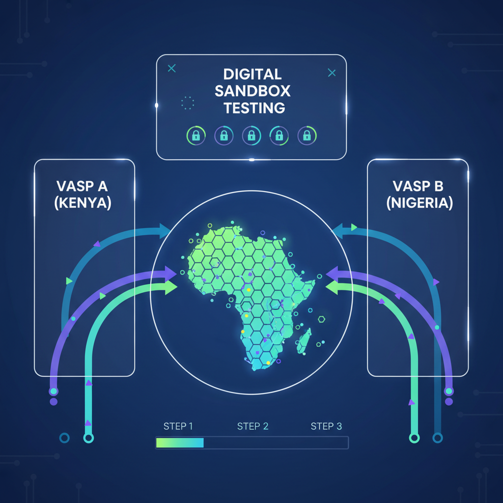 Digital sandbox testing crypto data relays between African VASPs, secure network flows, futuristic interface