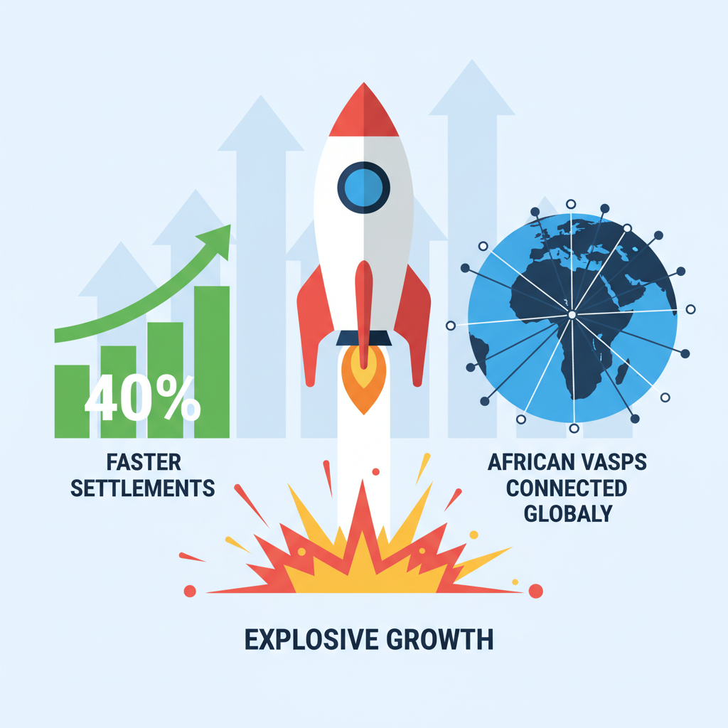 Rocket scaling up with graphs showing 40% faster settlements, African VASPs connected globally, explosive growth style