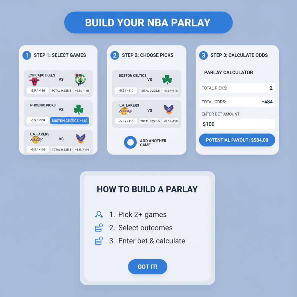 clean UI mockup of parlay builder with NBA game cards and odds calculator