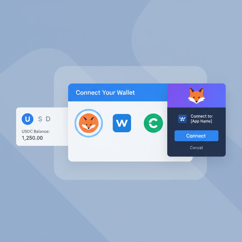 wallet connection interface with MetaMask popup and USDC balance display