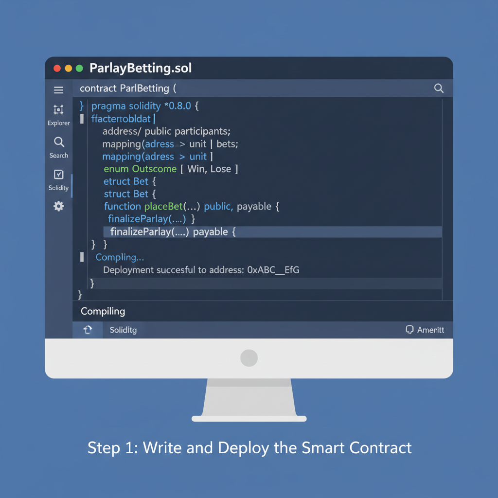 Solidity code editor with smart contract for parlay betting on blockchain