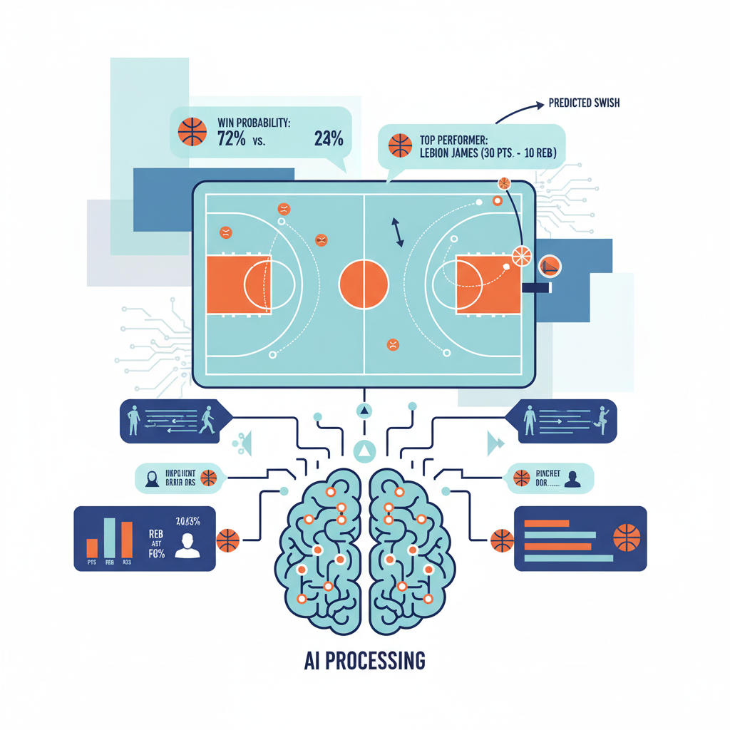 AI neural network analyzing NBA basketball stats with prediction overlays