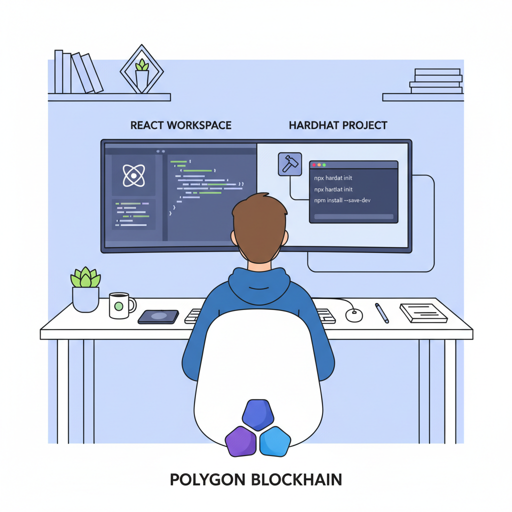 developer setting up React and Hardhat workspace with Polygon blockchain icons, clean desk setup