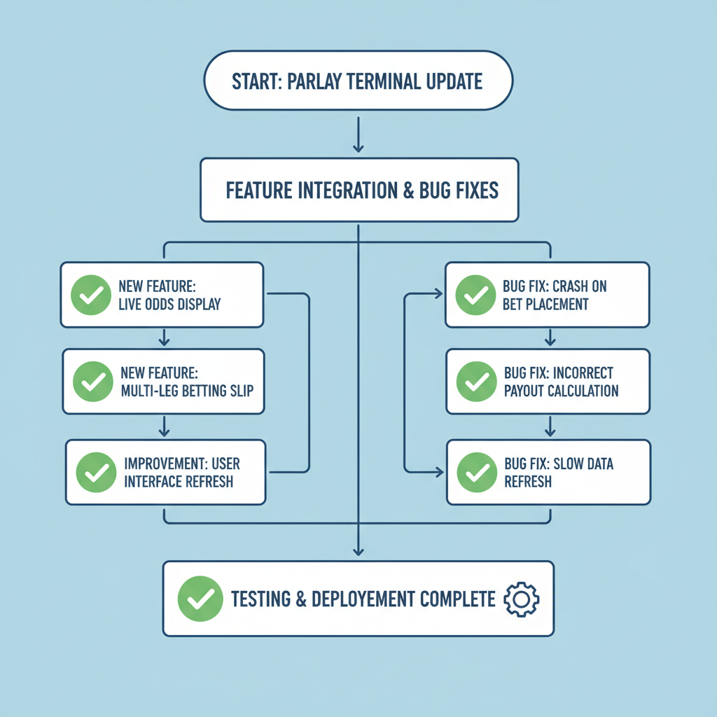 testing flowchart with checkmarks for parlay terminal features and bug fixes