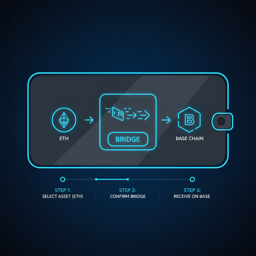 sleek crypto wallet bridging ETH to Base chain glowing blue neon interface