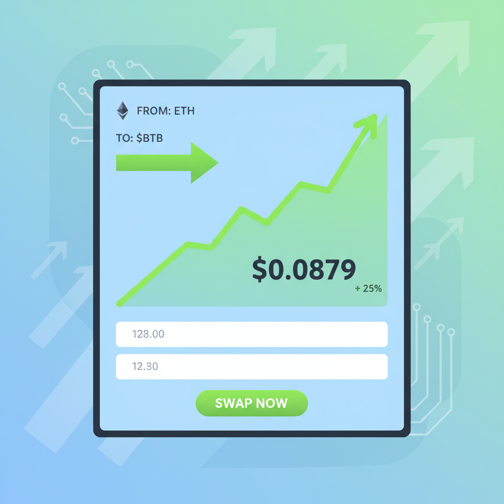 DEX swap screen ETH to $BTB token energetic green chart rising price tag $0.0879