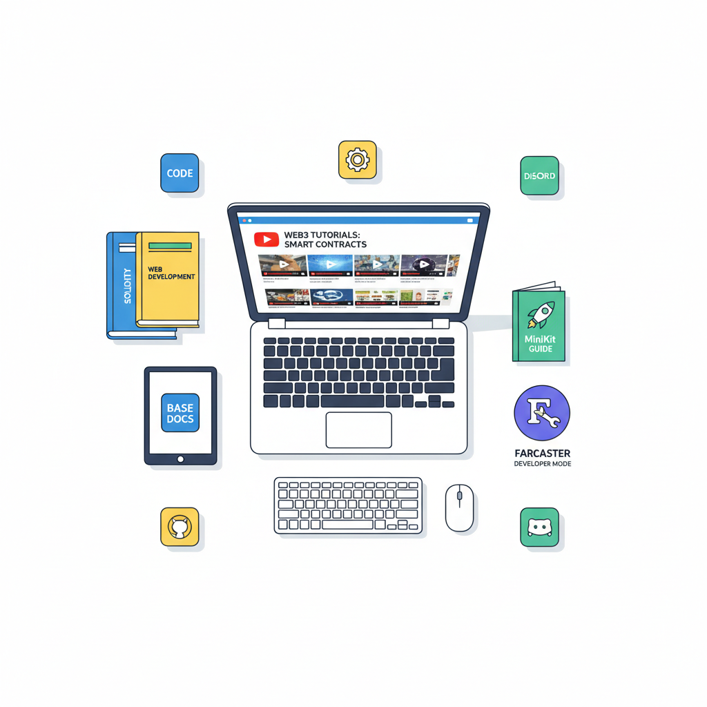 open laptop tutorials YouTube Base docs books MiniKit guide Farcaster developer mode icons organized desk