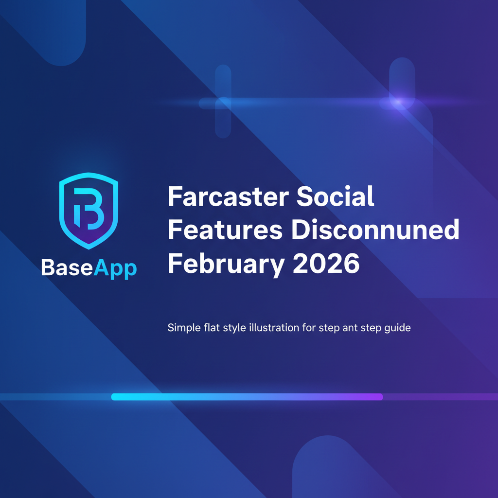 sleek digital announcement banner BaseApp logo text 'Farcaster Social Features Discontinued February 2026' futuristic blue purple UI
