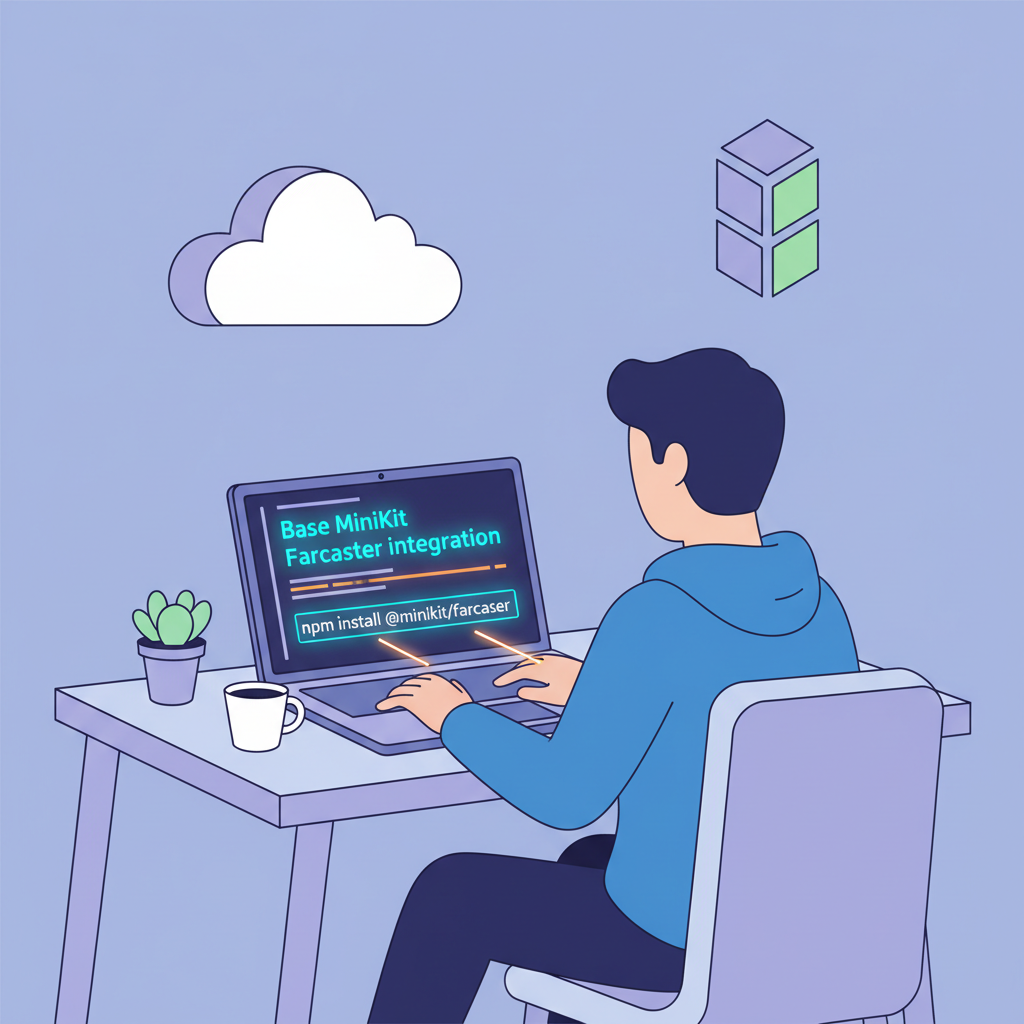 developer at desk coding Mini App laptop terminal Base MiniKit Farcaster integration code glowing