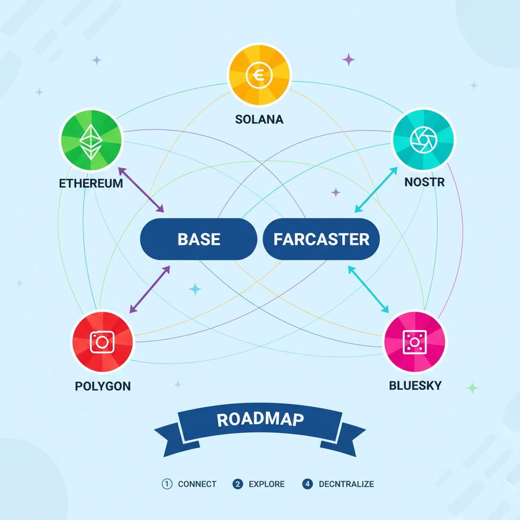 network map crypto platforms Base Farcaster arrows to alternatives vibrant nodes connections roadmap style