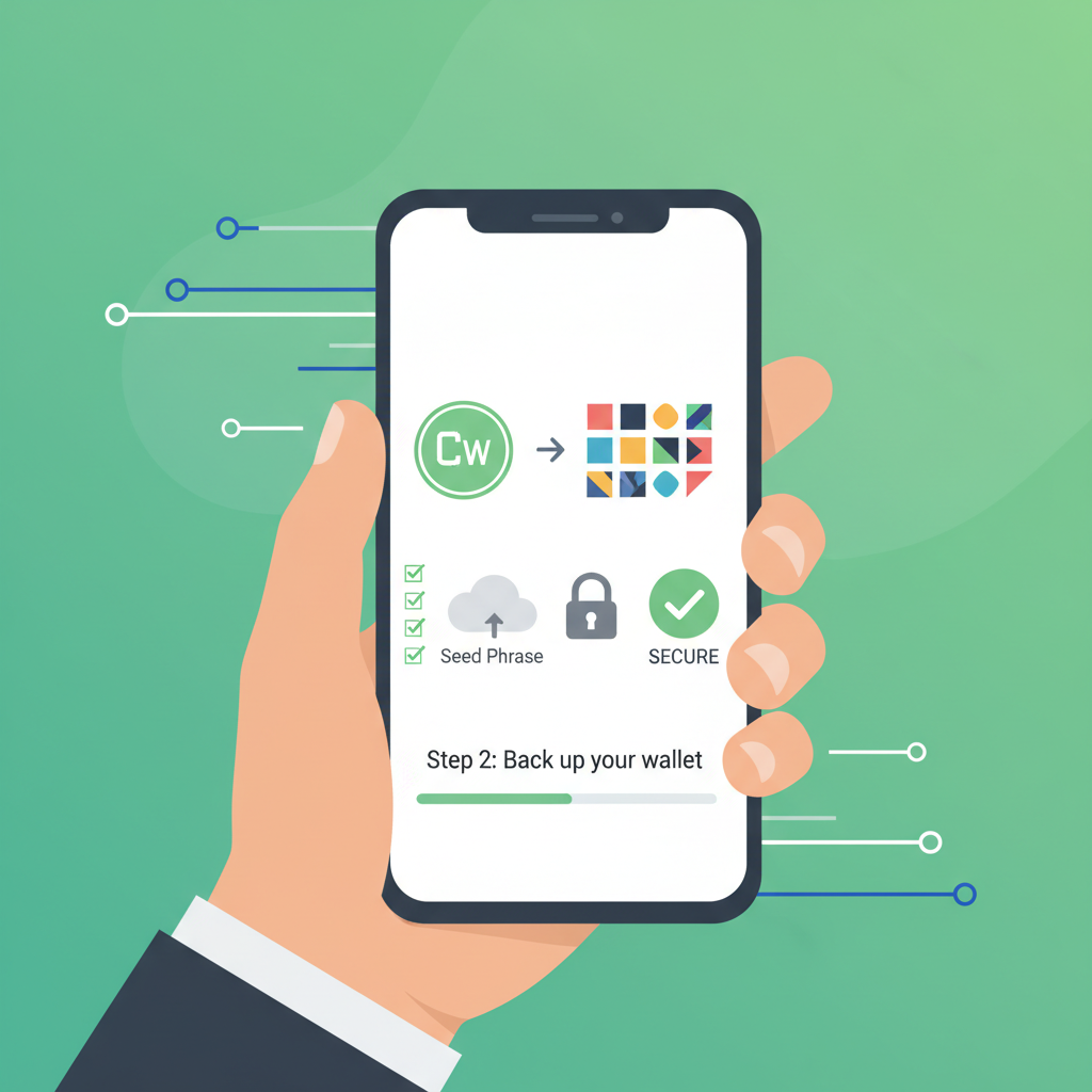 hand holding phone backing up crypto wallet icons seed phrase cloud lock secure green checkmarks