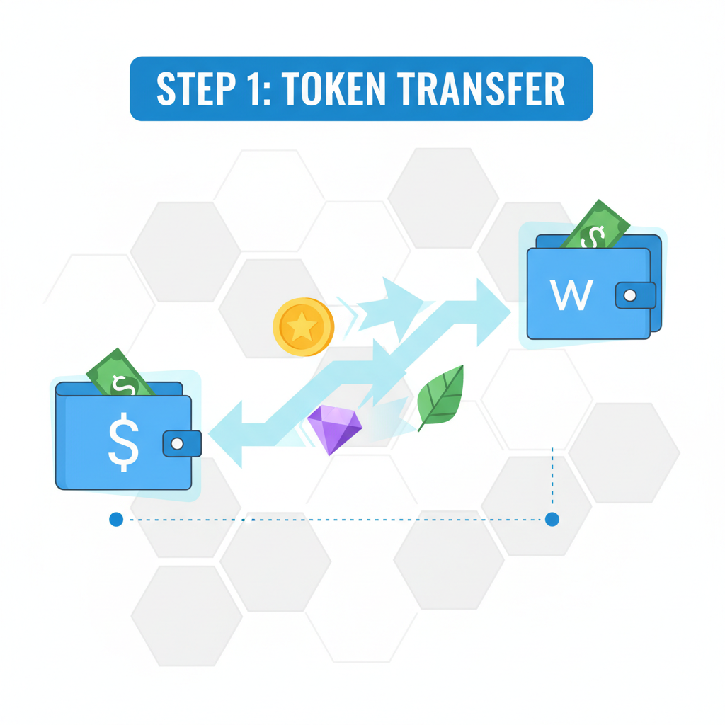 Token objects transferring between wallets, parallel arrows in blockchain