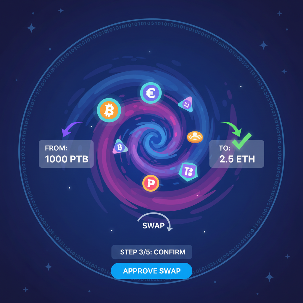 DEX swap in PTB, swirling tokens exchanging in cosmic vortex
