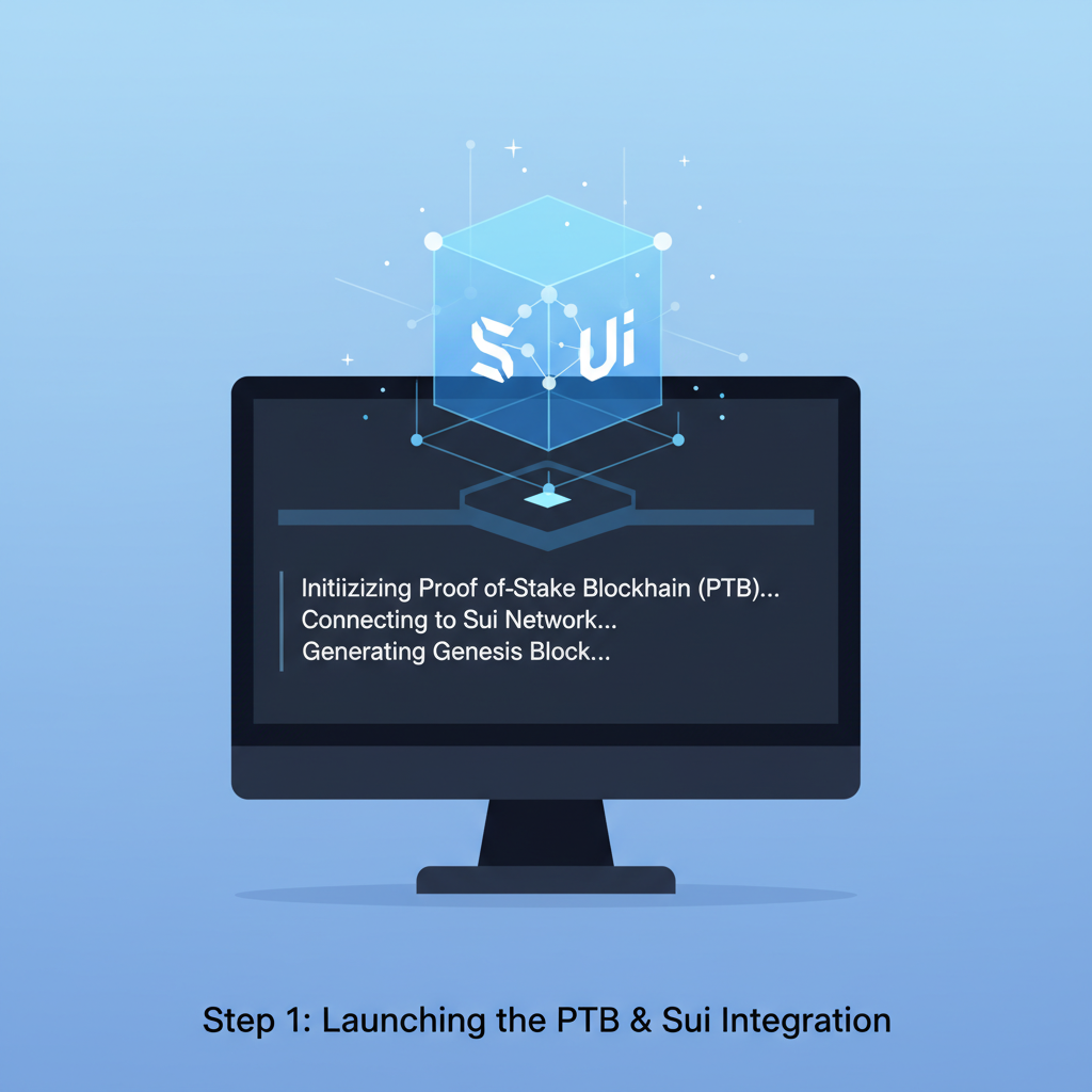 CLI terminal starting PTB, holographic block forming with Sui symbols