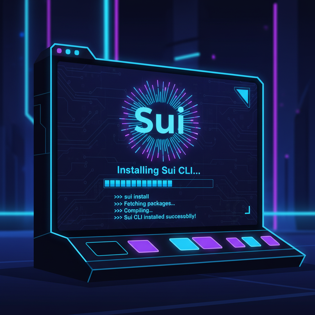 futuristic terminal installing Sui CLI, glowing Sui logo, cyberpunk neon blues