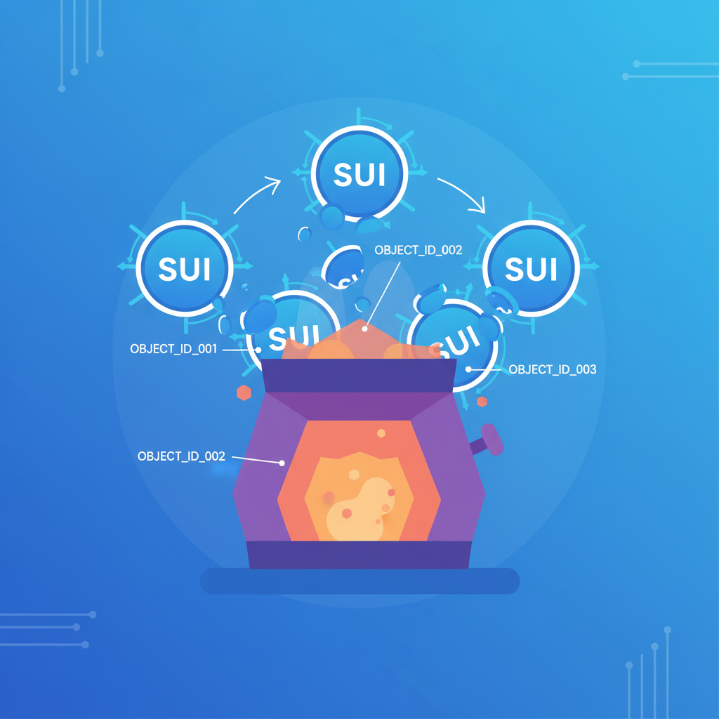 Sui coins merging in a digital forge, object IDs glowing