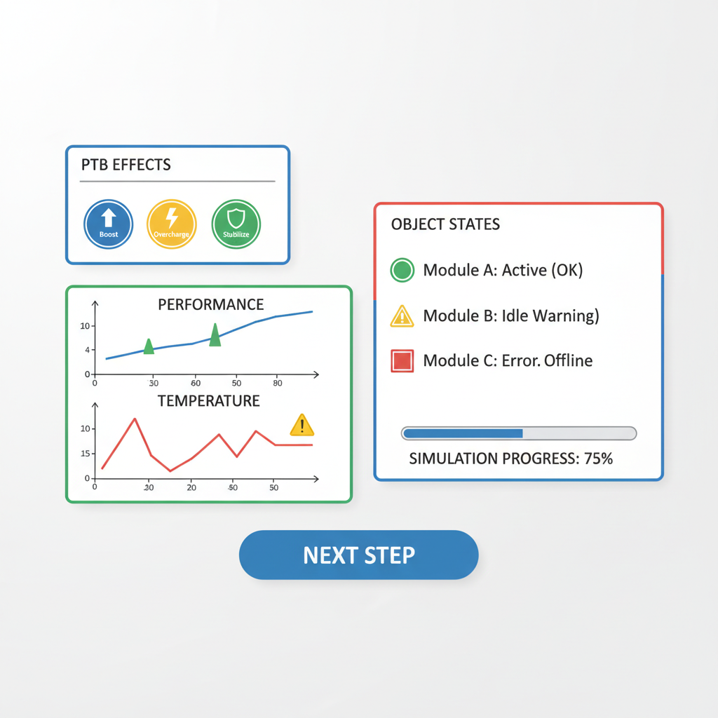 Simulation dashboard with PTB effects, graphs and object states