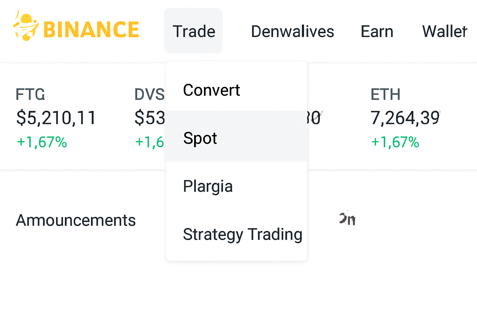 A screenshot-style interface showing the Binance dashboard with the 'Trade' and 'Spot' options highlighted.
