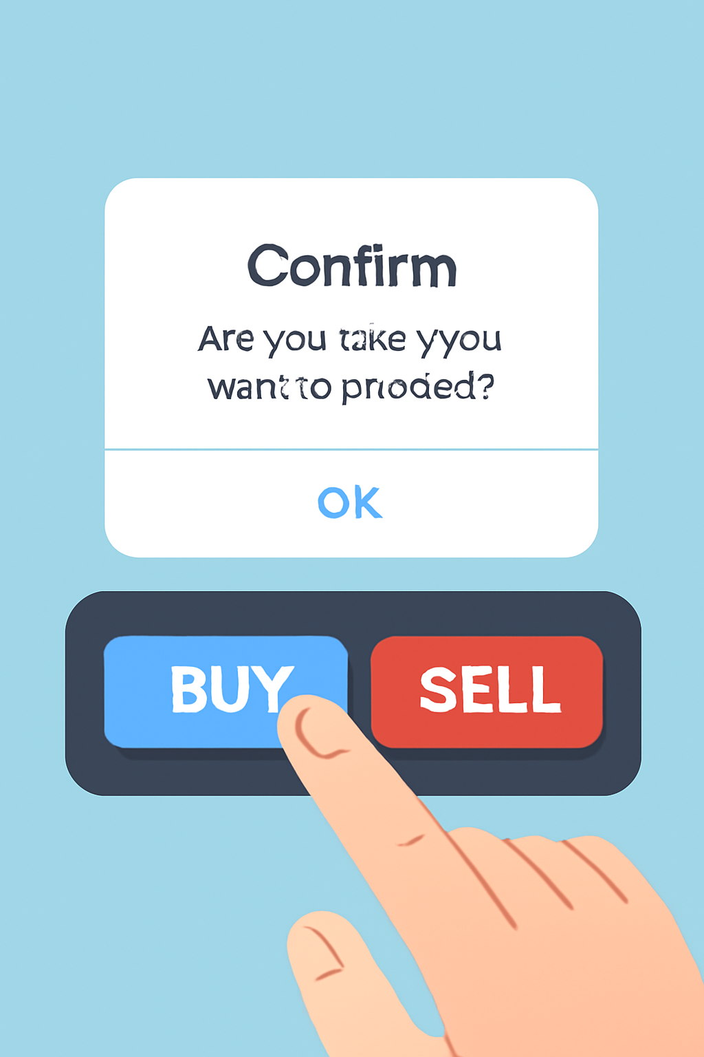 A finger hovering over the 'Buy' and 'Sell' buttons on a digital trading interface, with a confirmation pop-up visible.