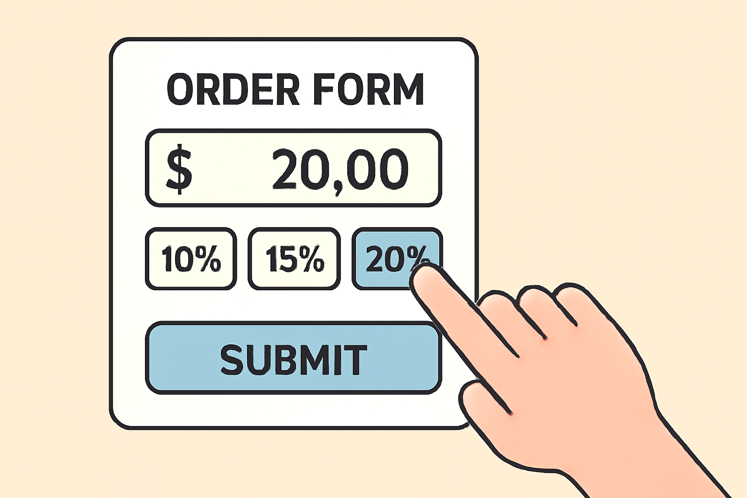 A hand entering an amount on a digital order form, with percentage buttons visible and selectable.