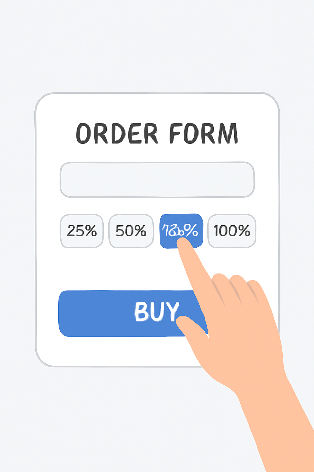 Order form with percentage buttons (25%, 50%, 75%, 100%) highlighted, user selecting 50%, modern and clear interface