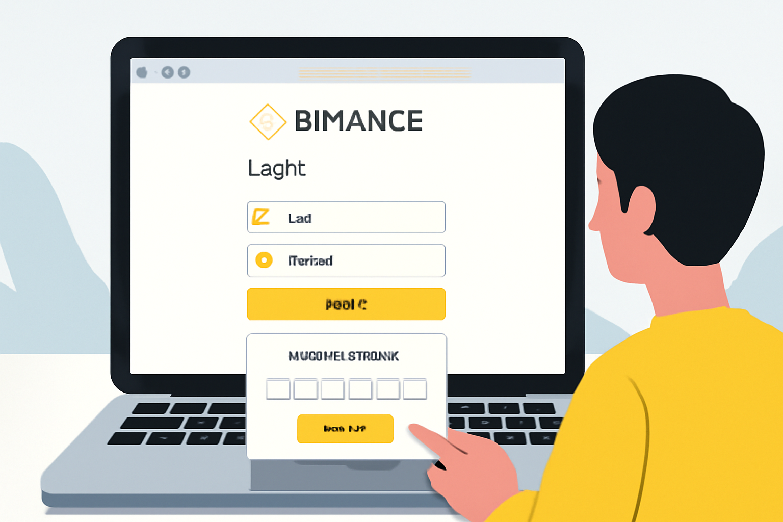 A user sitting at a computer, logging into the Binance website with a secure login screen visible.