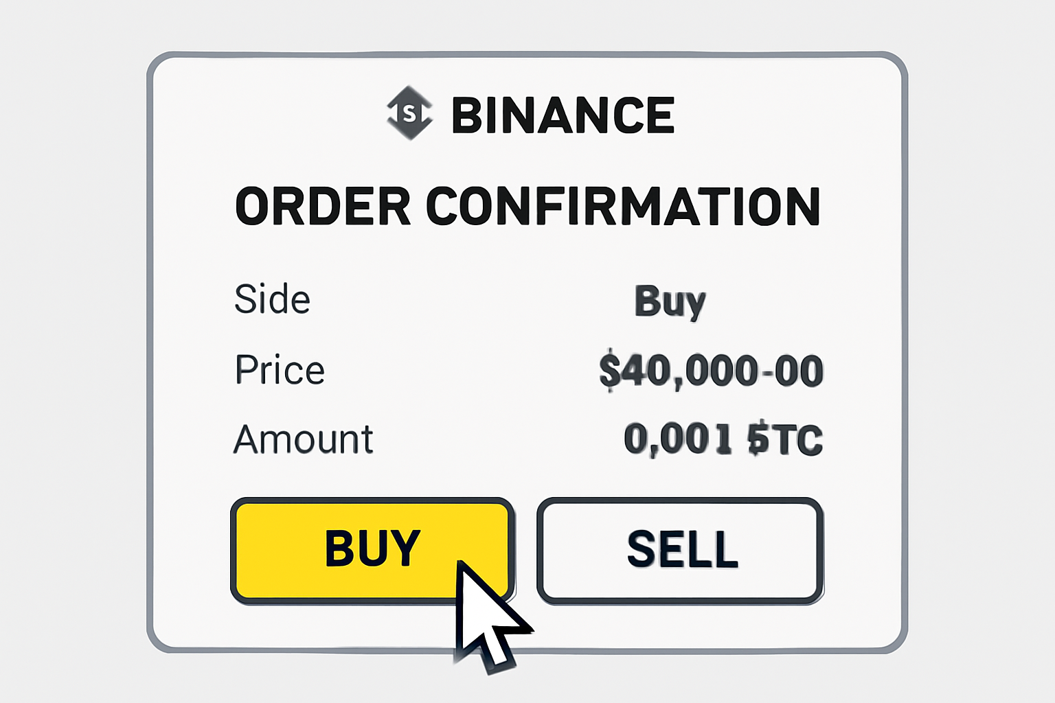 Confirmation screen on Binance with 'Buy' and 'Sell' buttons, user cursor hovering over 'Buy', order details visible