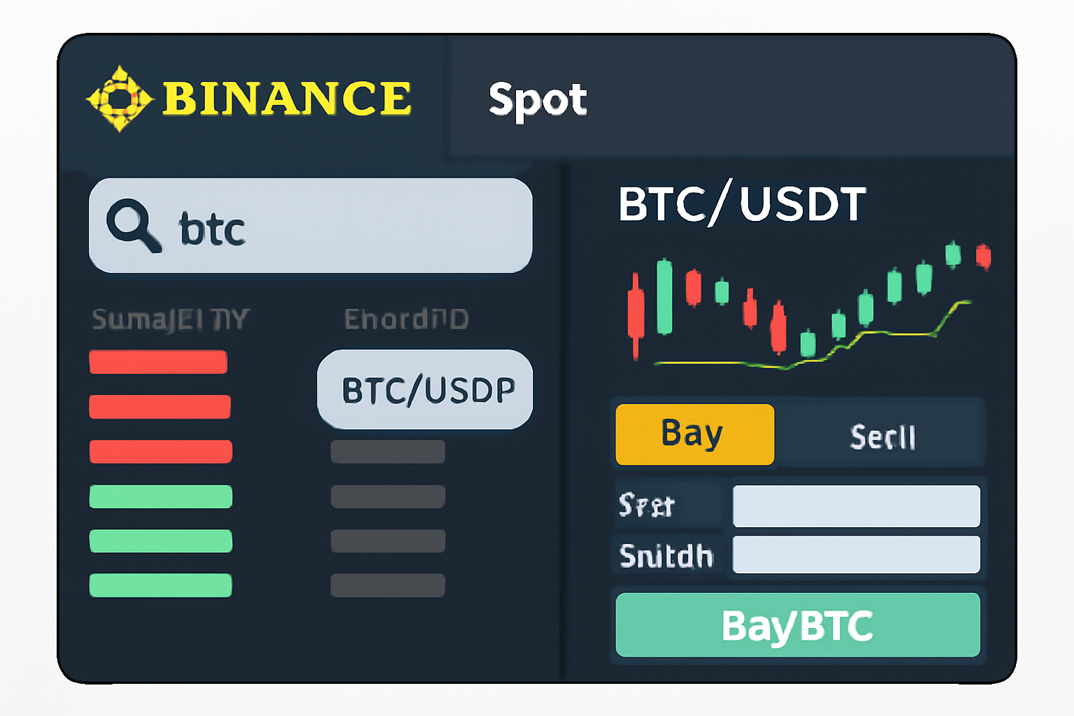 Binance spot trading interface with the trading pair search bar in use, BTC/USDT pair being selected, clear UI elements