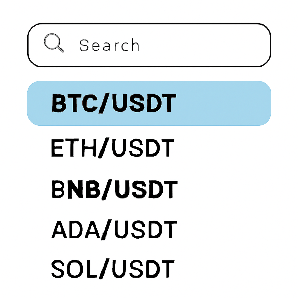 A digital interface with a search bar and a list of cryptocurrency trading pairs, with BTC/USDT highlighted.