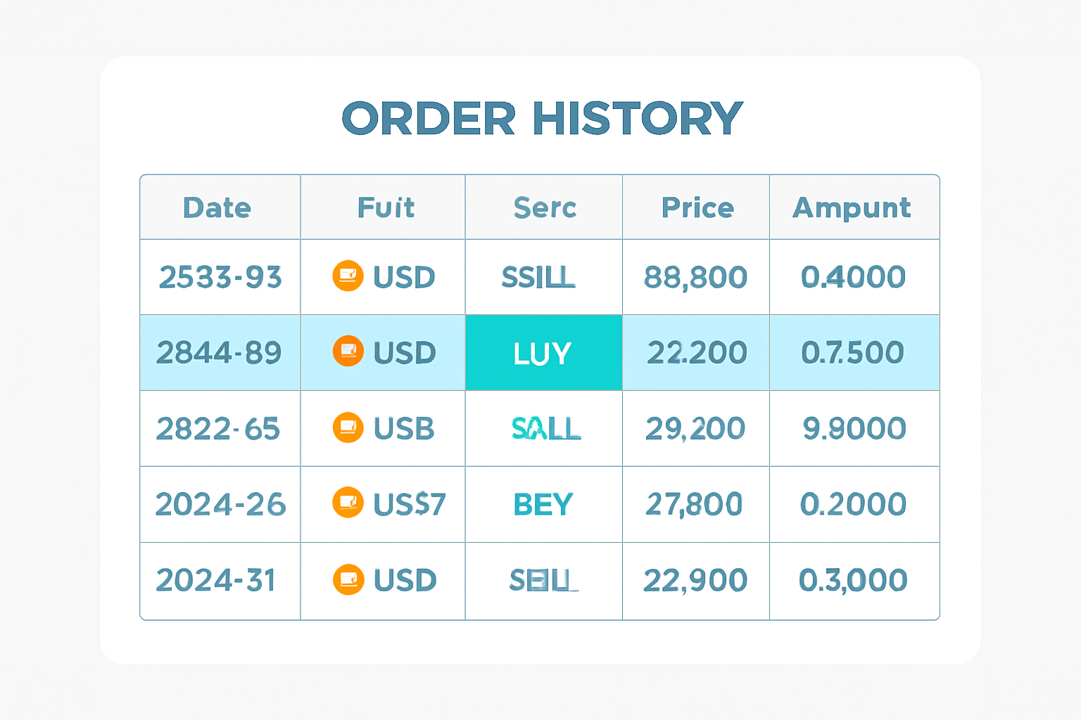 A digital dashboard showing a list of recent trades in the 'Order History' section, with one trade highlighted.