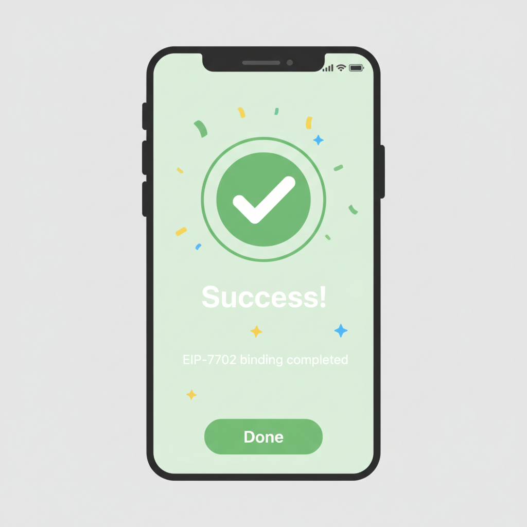 Bitget Wallet success screen for EIP-7702 binding, green checkmark, celebratory mobile interface