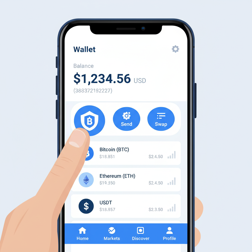 mobile phone screen opening Bitget Wallet app icon, clean app interface, blue and white theme