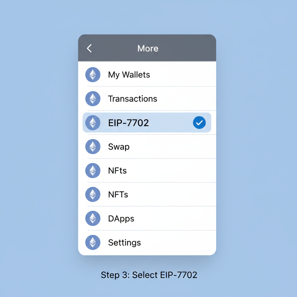 Bitget Wallet More menu with EIP-7702 selected, simple list interface, Ethereum icons
