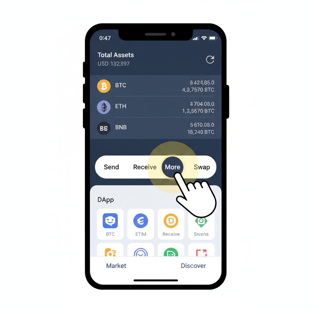 Bitget Wallet home screen with More button highlighted and tapped, crypto balances visible, mobile UI