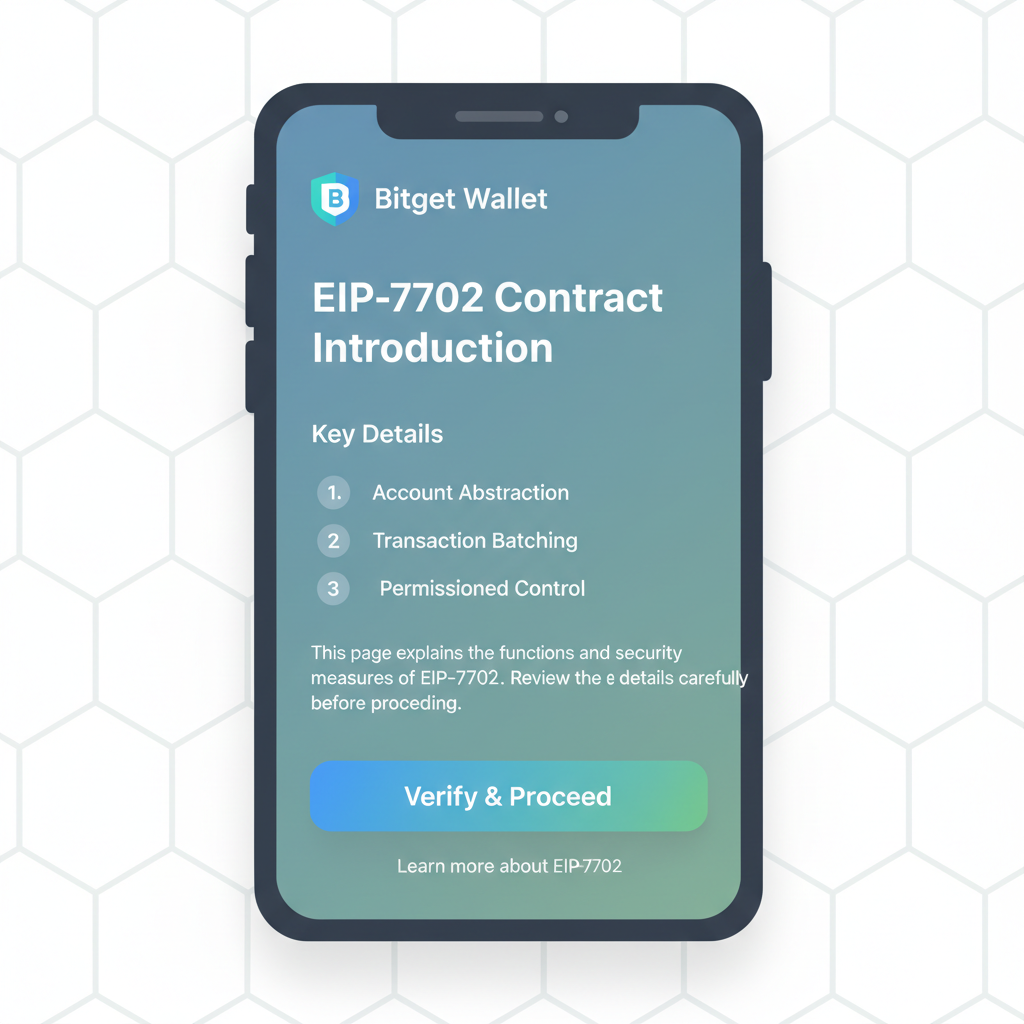 EIP-7702 contract intro page in Bitget Wallet, text details and verify button, secure UI design