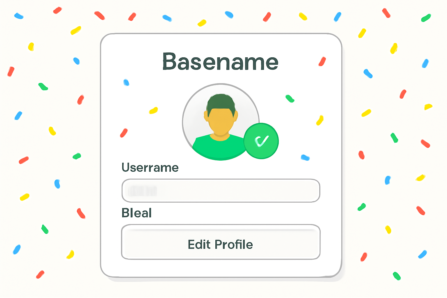 A user profile dashboard displaying a registered Basename and a green human verification badge, with celebratory confetti.