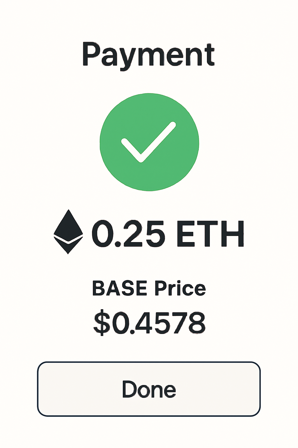 A digital transaction confirmation screen showing ETH payment, with the BASE price ($0.4578) displayed.